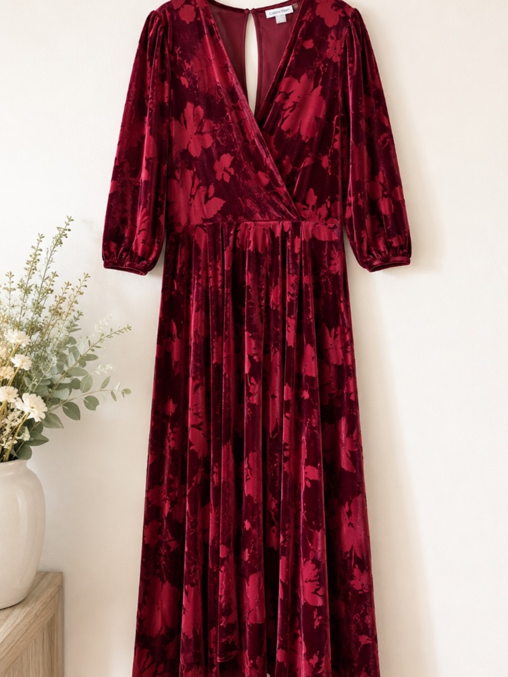 Calvin Klein Burgundy Floral Burnout Velvet Maxi Dress Size 12